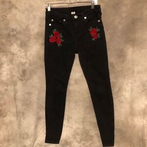 TRUE RELIGION ROSE EMBROIDERED SUPER SKINNY BLACK JEANS 31 Y2K